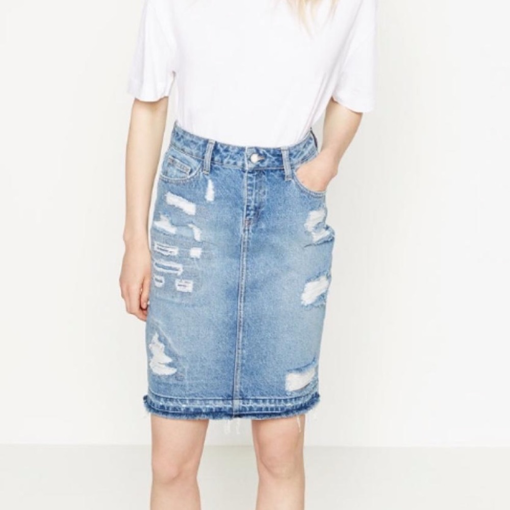 Zara Denim Distressed Midi Skirt - Size M